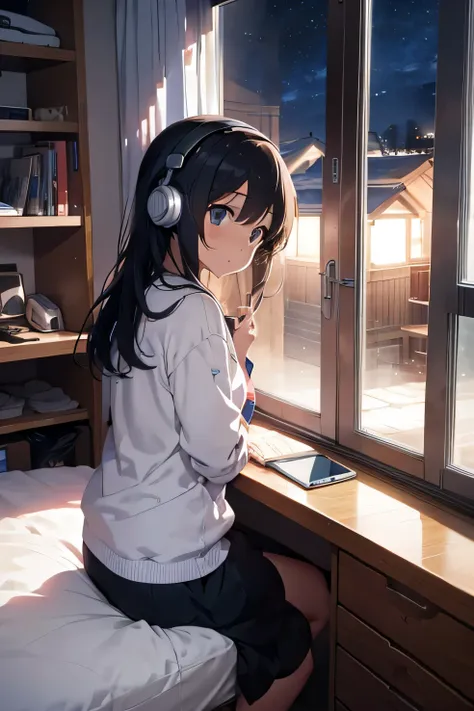 Moonlight outside the window。A girl is studying in her room while listening to music with headphones。anime style。