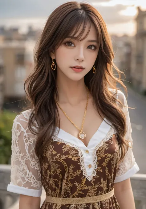 photograph, disorganized, High resolution, super detailed, maid girl,:d,((Hair with loose waves inside:1.2)),((gold necklace＿Large earrings:1.2)),((Super long brown hair:1.2))((intricately patterned shirt mini dress)),