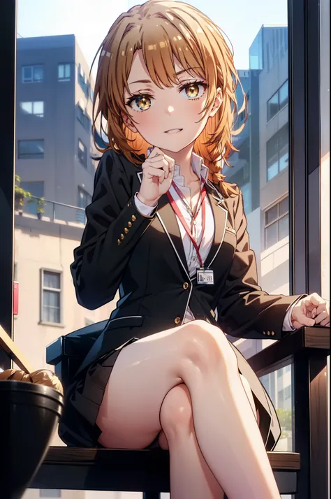 irohaisshiki, iroha isshiki, long hair, brown hair, (brown eyes:1.5), happy smile, smile, open your mouth,OL, Red glasses ponytail,short braided hair, black suit jacket, collared jacket, white dress shirt, collared shirt, neckline, button, strap, ID card o...