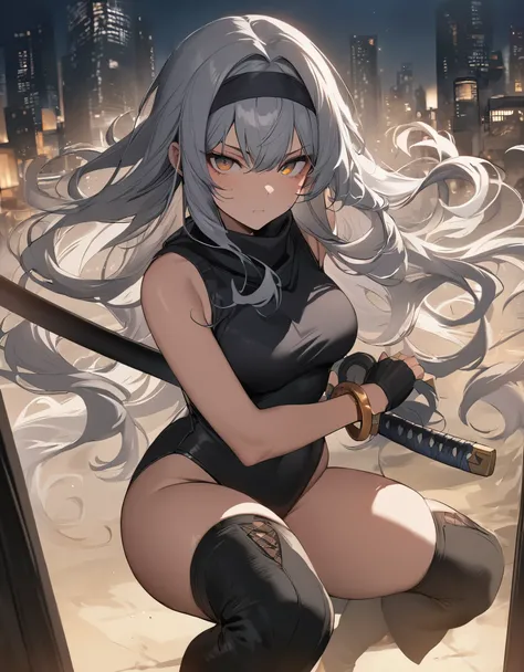 masterpiece, best quality, 1girl, grey hair, shoulder length hair, wavy hair, black hairband, auburn eyes, beautiful detailed eyes, beautiful detailed face, cute face, stoic, professional, ninja, black leotard, black tactical gloves, bare legs, gold bracel...