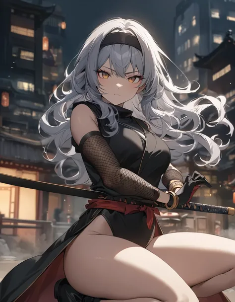 masterpiece, best quality, 1girl, grey hair, shoulder length hair, wavy hair, black hairband, auburn eyes, beautiful detailed eyes, beautiful detailed face, cute face, stoic, professional, ninja, black leotard, black tactical gloves, bare legs, gold bracel...