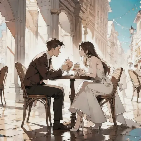 (masterpiece, best quality:1.2), a men and a girl are having a date, they is sitting at a table and eating, talking with each other, outdoor date, romantic, romantic scenery, cinematic lighting, kissing scene, cinematic scenery, sunlight, romantic, soft light, wallpaper, expanding landscape, 1 girl, 1 men, full body