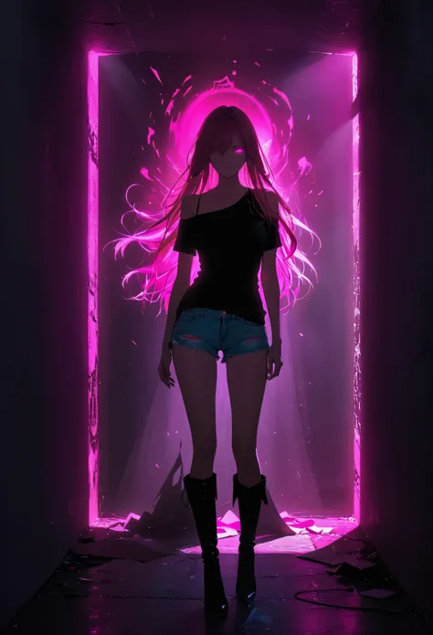 (Portrait of a mysterious giant eye), indoor, Fluorescent illumination, (Darkness shrouded, Wall background, black background, shadow, extreme darkness:2.0), Minimalist graffiti style background, Fluorescent pink eye graffiti, Dark atmosphere, 1girl, Overs...