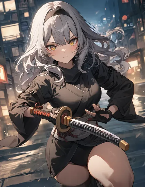 masterpiece, best quality, 1girl, grey hair, shoulder length hair, wavy hair, black hairband, auburn eyes, beautiful detailed eyes, beautiful detailed face, cute face, stoic, professional, ninja, black leotard, black tactical gloves, bare legs, gold bracel...