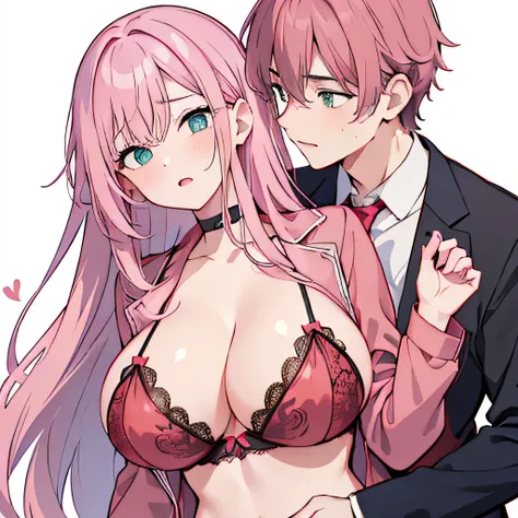 masterpiece (((1 man))) 1 girl (((men and women))) Pink hair Long hair Green eyes Huge breasts (big nipples) NSFW  (orgasm) (heart eyes) ((A man fondles a woman&#39;s breasts from behind)) ((Grabbing breasts)) uniform blazer  (red lace bra) deep kiss ((com...