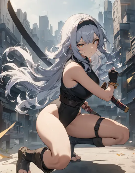 masterpiece, best quality, 1girl, grey hair, shoulder length hair, wavy hair, black hairband, auburn eyes, beautiful detailed eyes, beautiful detailed face, cute face, stoic, professional, ninja, black leotard, black tactical gloves, bare legs, gold bracel...