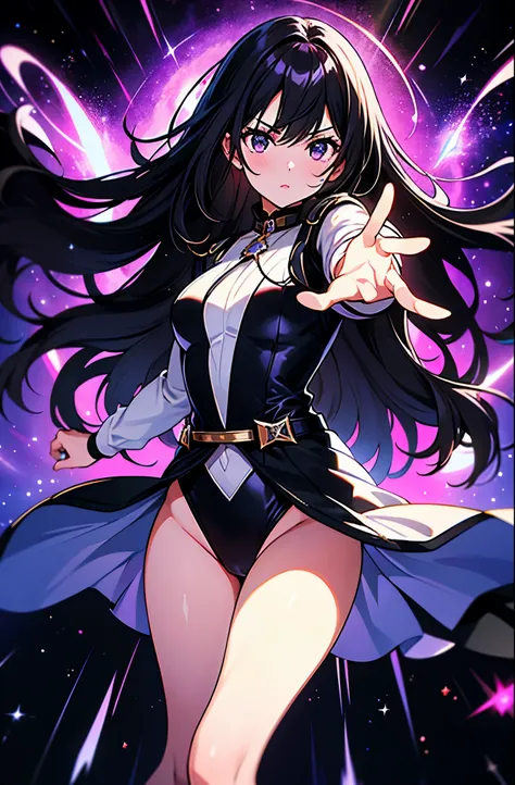 Woman with black eyes, long black hair, white blouse with black stars, black jacket with stars, leotard, bare legs, purple stellar energy around, cosmic power, cosmic shining power. black hair, black eyes. Shooting with your finger, making a gun with your ...