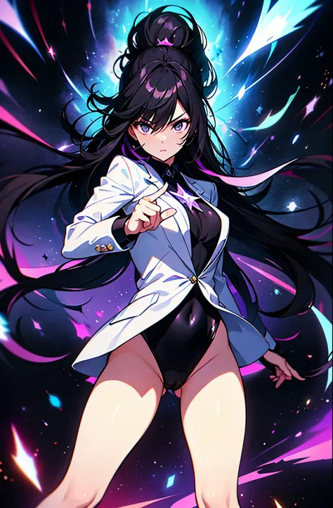 Woman with black eyes, long black hair, white blouse with black stars, black jacket with stars, leotard, bare legs, purple stellar energy around, cosmic power, cosmic shining power. black hair, black eyes. Shooting with your finger, making a gun with your ...