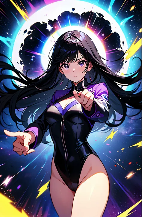 Woman with black eyes, long black hair, white blouse with black stars, black jacket with stars, leotard, bare legs, purple stellar energy around, cosmic power, cosmic shining power. black hair, black eyes. Shooting with your finger, making a gun with your ...