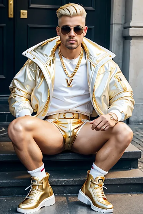 1 short meagre old blond fashion groomed and maked up man, undercut hair extremely massive big siliconed lips, tanned skin, in white bomber jacket, white tight shiny latex shorts, white LV socks, white Buffalo 1348 platform boots, gold and diamond rings, d...