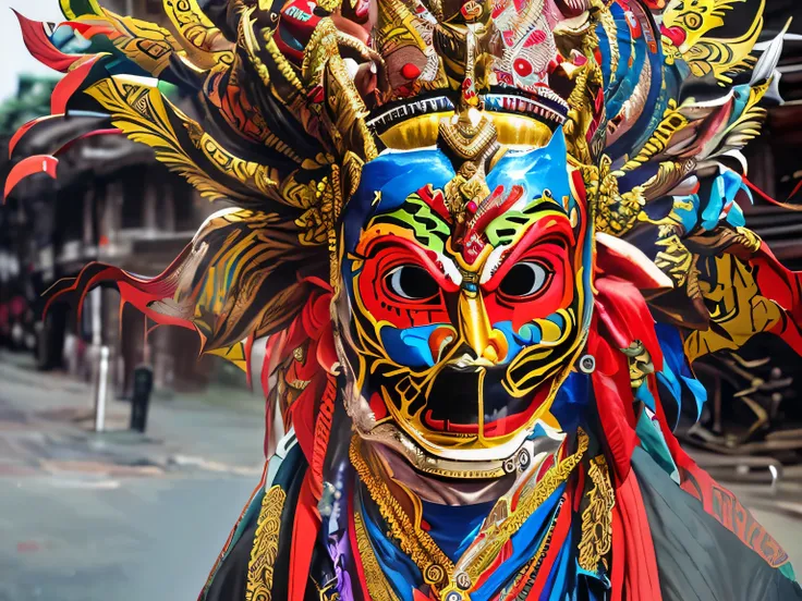 arafed mask with colorful ribbons and feathers on a street, yellow dragon head festival, villain wearing a red oni mask, ornate mask and fabrics, intricate mask, nepal, ornate mask, narasimha, regal and menacing visage, festival of rich colors, tribal mask...