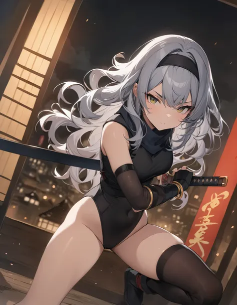 masterpiece, best quality, 1girl, grey hair, shoulder length hair, wavy hair, black hairband, auburn eyes, beautiful detailed eyes, beautiful detailed face, cute face, stoic, professional, ninja, black leotard, black tactical gloves, bare legs, gold bracel...