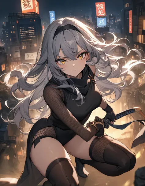 masterpiece, best quality, 1girl, grey hair, shoulder length hair, wavy hair, black hairband, auburn eyes, beautiful detailed eyes, beautiful detailed face, cute face, stoic, professional, ninja, black leotard, black tactical gloves, bare legs, gold bracel...