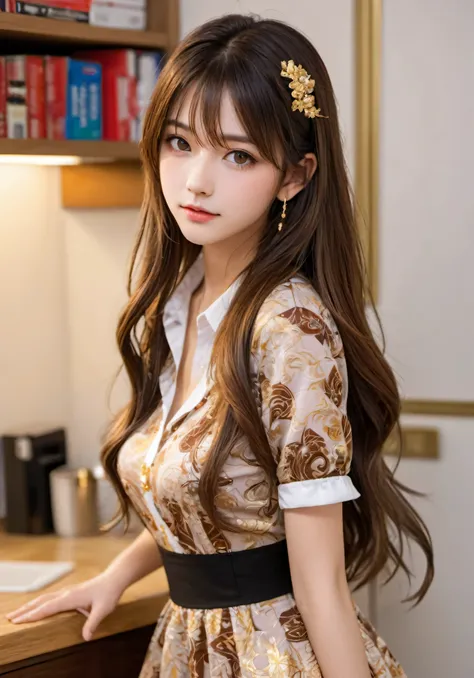 photograph, disorganized, High resolution, super detailed, maid girl,:d,((Hair with loose waves inside:1.2)),((gold necklace＿Large earrings:1.2)),((Super long brown hair:1.2))((intricately patterned shirt mini dress)),