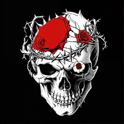 skull with roses and crown of thorns on head, skull design with spiked thorns, skull with red eyes, death skull, sacred skull, ((skull)), heavy metal tshirt design, skull head, with a crown of vines with thorns, the king of death, skullknight from berserk,...
