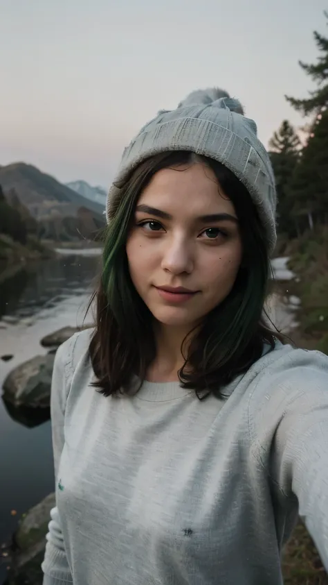 1girls, Nur, green Hair , 24 years old , photorealistic, best quality, hyper detailed, beautiful woman, selfie photo, upper body, solo, wearing pullover, outdoors, (night), mountains, real life nature, stars, moon, (cheerful, happy), sleeping bag, gloves, ...