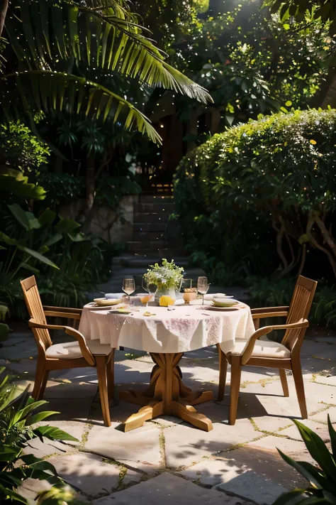 Imagine an idyllic setting, where soft morning light spills over a lush garden, filled with a variety of exotic and vibrant plants. No centro deste jardim, an elegant table is set for a surrealist breakfast.

Sobre a mesa, a profusion of colorful foods, bu...