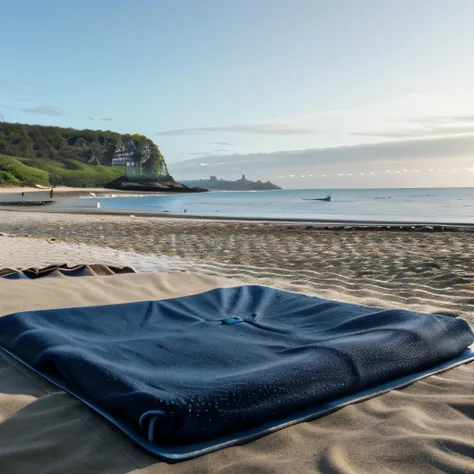 cold water on a mat by the beach, a small island in the background