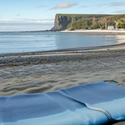 cold water on a mat by the beach, a small island in the background