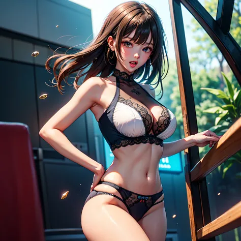 (eyes realistic sizing, drooping eyes), ((showing off her super detailed drawing luxurious lacy panties with various patterned)), ((jumping casual dress)), outside, intense orgasm, open mouth, brown hair, ((eccentric posing)), vibrant deep path equirectang...