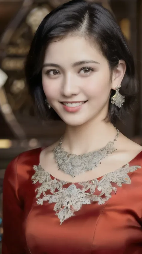 (realistic:1.3), insane detailed, quality, (masterpiece:1.2), (photorealistic:1.2), (best quality), (detailed skin:1.3), (intricate details), ray tracing, ((half body)), (((1girl))), (((1 person))), 20 years old, short hair, smile, red dress, skirt with pa...