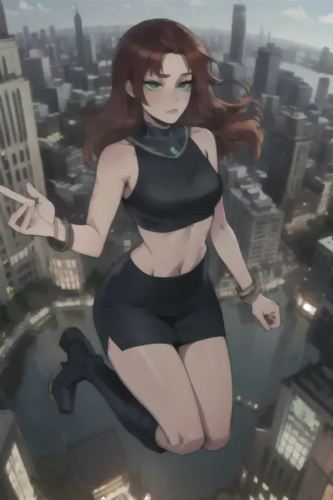 (masterpiece, Best quality, 4K, detailed, difficult, realistic),floating in the air,Over the city,Above,fisheye lens,Starfire,orange skin, Red hair,gorget, crop top, bracelet, NABRASI, Life, skirt, purple skirt, thigh high boots,green eyes 