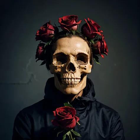 a hand of a skull holding a red rose 