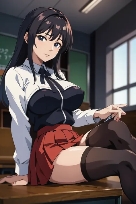 masterpiece, best quality, highres, 1girl kaori saeki,   but with exposed breasts, skin tight red skirt, black thigh high stockings, classroom, cowboy shot, horny, looking at viewer, focus solo 