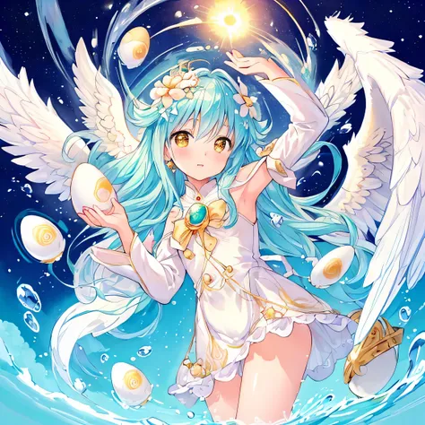 ((masterpiece))), ((best quality)), (ultra-detailed), ((kawaii)), cute, (lovely), (((An angel being born from an egg))), (((eggshell))), eggshell, breaking, newborn, angel, anime style, illustration, ethereal, magical, divine, celestial beings, wings, glow...