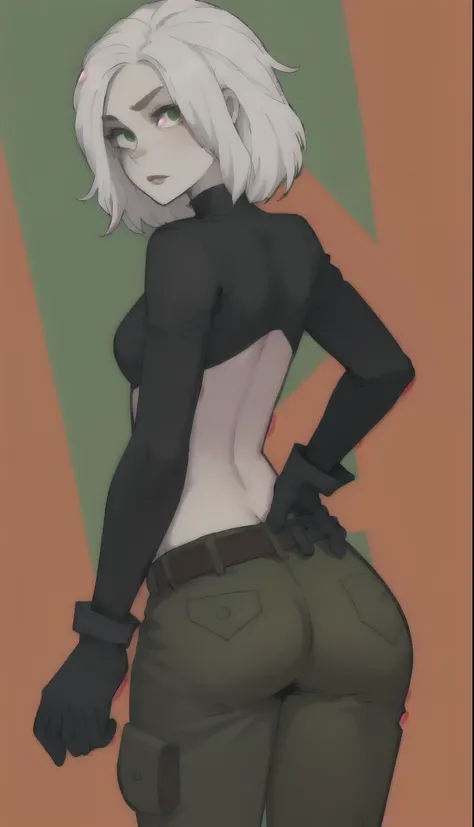 1 girl, (Cartoon:1.3), detailed eyes, looking at the viewer with white hair, green eyes, confident expression, black crop top, black gloves, brown belt, green cargo pants, Pale skin, Thin eyebrows, ass