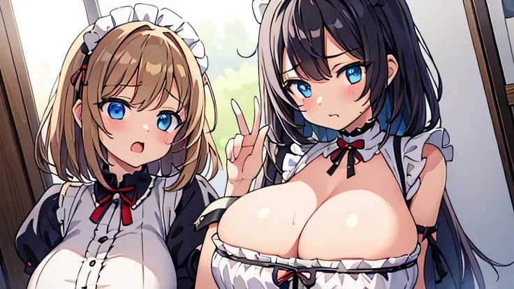 nsfw,2 girls on both sides,1 girl in the center,(2 girls lick 1 girls ears from both sides),focus breasts,(gigantic breasts:1.5),cleavage,(gag,blindfold),bob cut hair,brown hair,arms up,embarrassed,blush,maid clothes,restrained,cum on face,cum in mouth,cum...