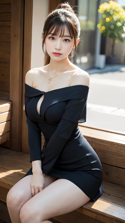  body、Full body Esbian、squat、Very small waist、(very big breasts:1.3)、ponytail、plump thighs、natural skin、Extra-fine face、 extra thin hands, Very thin fingers, Best ratio、surreal, ((cute dress、Exposing too much skin、off shoulder、The length is short and the t...