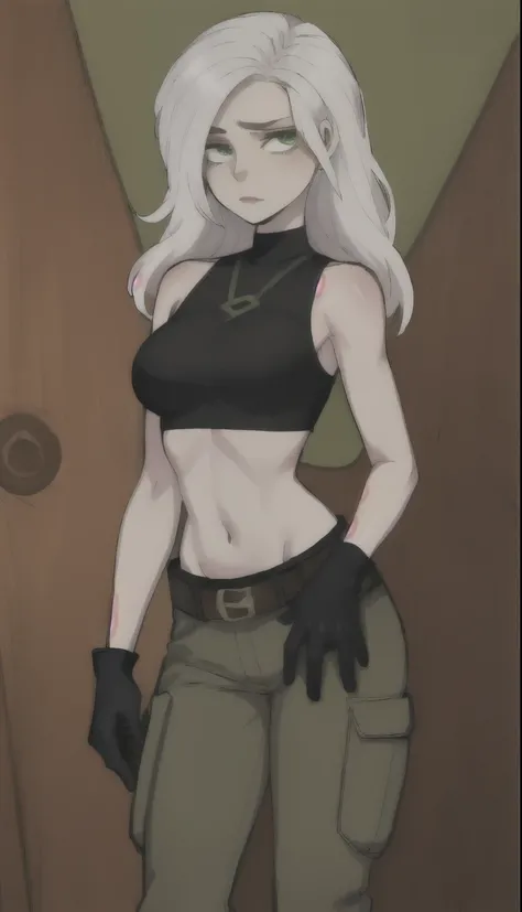 1 girl, (Cartoon:1.3), detailed eyes, looking at the viewer with white hair, green eyes, confident expression, black crop top, black gloves, brown belt, green cargo pants, Pale skin, Thin eyebrows, crouches, ass