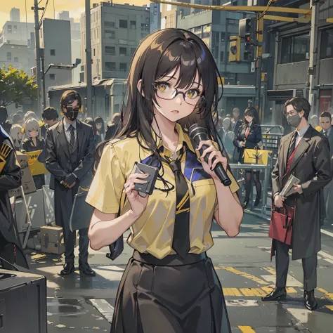 A beautiful female reporter，Wearing business attire，Yellow top，black skirt，wear glasses，Holding a microphone and reporting the news，The environment behind is a murder scene surrounded by a cordon.。Medium shot composition，full body pictures，color，Anime illu...