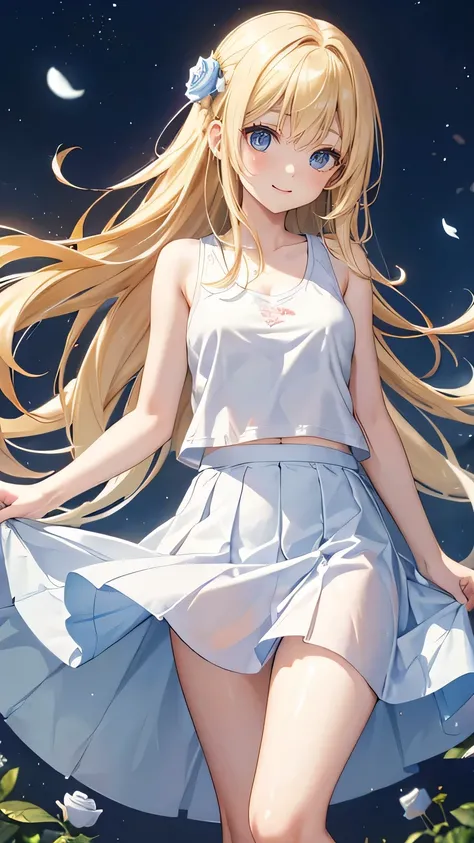 very cute girl、(14 years old)、light yellow hair、Long Straight Hair、Bangs are too close to the eye、Light Blue Eye、(Normal human ear)、thin arms、Beautiful body、slim legs、large, well-shaped breasts,、clear white skin、smile、(Open-chested tank top、mini skirt、Whit...