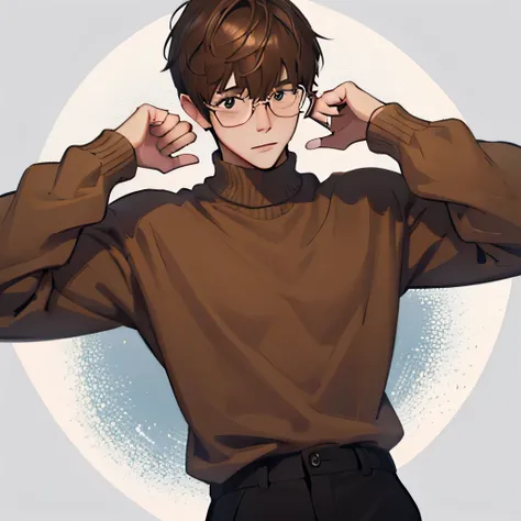 shy male, slim, nerdy boy, shy, weakling, round glasses, embarrassed, brown hair, mysterious, sweater, hair over eyes, sweet