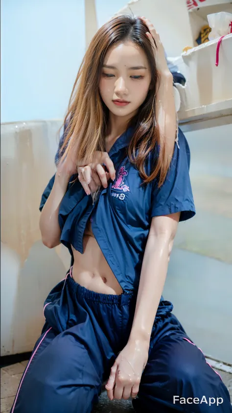 Songkran, wet street , A very realistic girl, wet soaked, drop, wet clothes, wet skin, wet hair, 8k, Masterpiece, realistic, beautiful,purple efficiency,Navy trousers,wet:1.5,dirty white powder