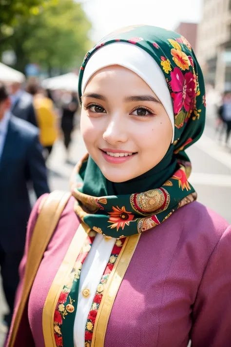 ((best quality)), ((masterpiece)), (detailed), perfect face, Beautiful hijab girl, wearing a vibrant and intricately designed traditional headscarf, walks confidently on the bustling street at 15 years old, standing tall at a height of 135cm. Her  frame is...