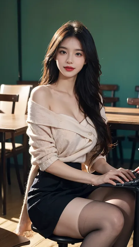 A perfect young female white-collar worker，Chinese big breasts，High picture quality，Works of masters，Black hair，Long hair shawl，Long hair flowing over the shoulders，Beach wave hairstyle，cropped shoulders，clavicle，exquisite face，Hydrated red lips，（（Wear col...