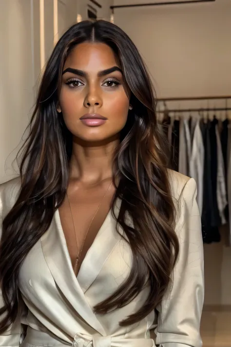 a beautiful young woman with long brown hair, wearing a white top and black blazer, with high cheekbones and a round face shape....