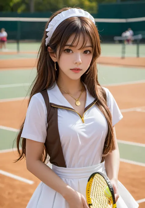 photograph, disorganized, High resolution, super detailed, maid girl,:d,((Hair with loose waves inside:1.2)),((gold necklace＿Large earrings:1.2)),((Super long brown hair:1.2))((Tennis costume (((tennis field))), outside:1.3)),