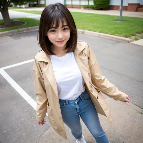 Best-quality, Masterpiece, Ultra-High-Resolution, (Photorealistic:1.4), Raw-Photo, 1girl, the most famous Japanese idol, (wearing beige jacket over white T-shirt with cute-patterned and beige slacks, white sneakers), standing at Japanese college, extremely...