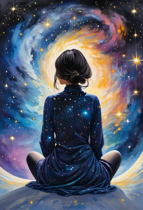 Painting of a woman with her back without a face and sitting in space looking at the stars with the theme of chaos and cosmos 