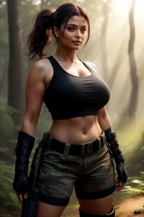 Sunrise scene, full body 45YO MILF AISHWARYA RAI, army lady with guns, smirking face, sweaty cleavage, MEDIUM breasts, mature milf thick curvy figure, posing in forest, wearing camouflage shorts and black knotted crop top, army boots, wet hair, sexy jawlin...