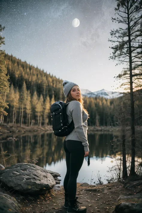 1 woman((full body shot, happy)), masterpiece, best quality, ultra-detailed, solo, outdoors, (night), mountains, nature, (stars, moon) cheerful, happy, backpack, sleeping bag, camping stove, water bottle, heart shaped all, perfect ass, large ass, wide hips...