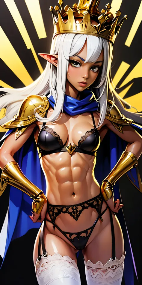 Buzz cut , perfect anatomy 1 girl tall solo, ((black skin:1.3)), slim thick,  colored skin, ((muscular)) high dark elf toned body, silver pasties on breasts, ((small breasts:1.4)), metal silver cape, slendered abs, ((garter belt on hips)), midriff exposed,...