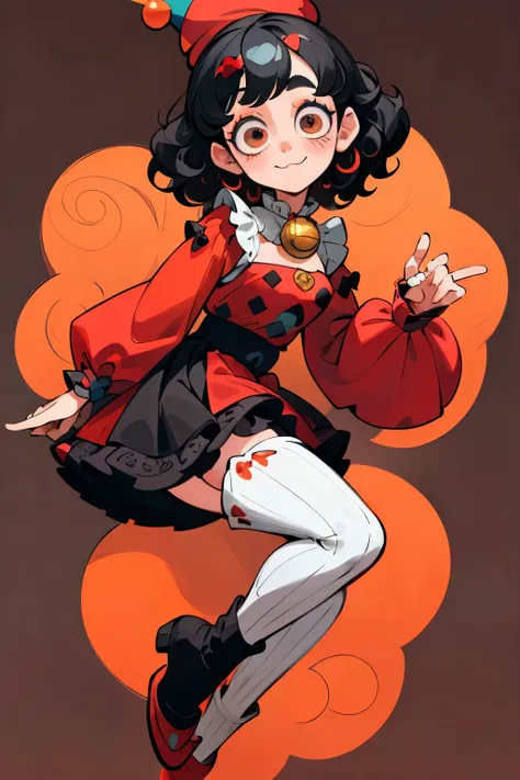 1GIRL, cute girl, finely detailed, (best quality), (intricate details), cute style, clown style, clown girl, jester style, multicolored, ((curly black hair)), best quality, ((white and red puffy long sleeve dress)), ((thigh high socks)), ((black socks)), (...