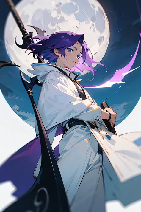 Male, purple hair, blue eyes, moon in the background, holding scythe, White clothes