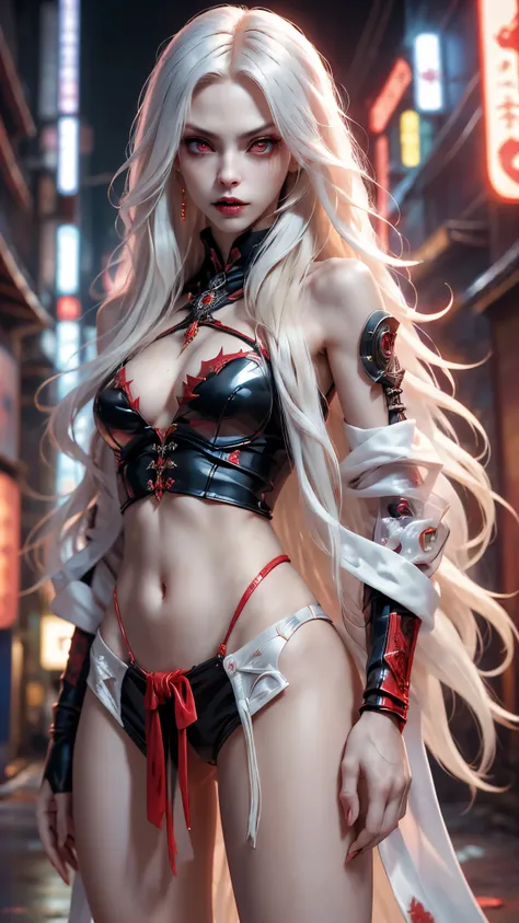 score_9, score_8_up, score_7_up, score_6_up, rating_explicit, 1girl, ((18YO:1.2)), Adult, full lips, big clear eyes, light blue eyes, ((blond hair:1)), (long wavy hair: 1.2),Photo of a white-haired samurai in a jacket standing in the middle of a neon stree...