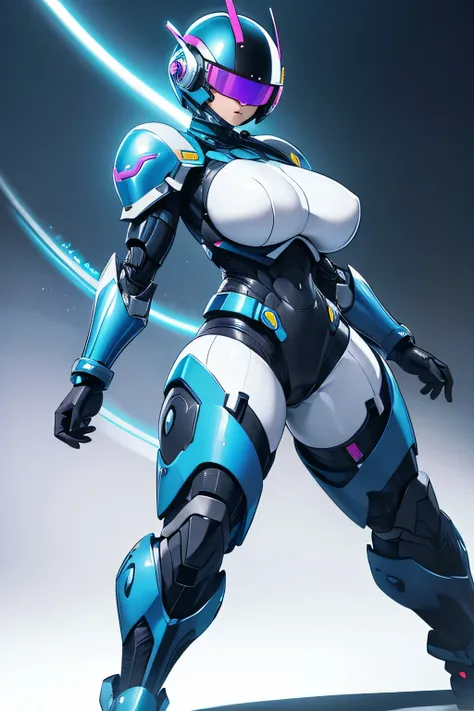 Arafe Female Robocop、Big breasts that look like they&#39;re about to burst、full body armored、Rainbow Armor、A helmet with a visor that covers the area around the eyes、ready to fight pose